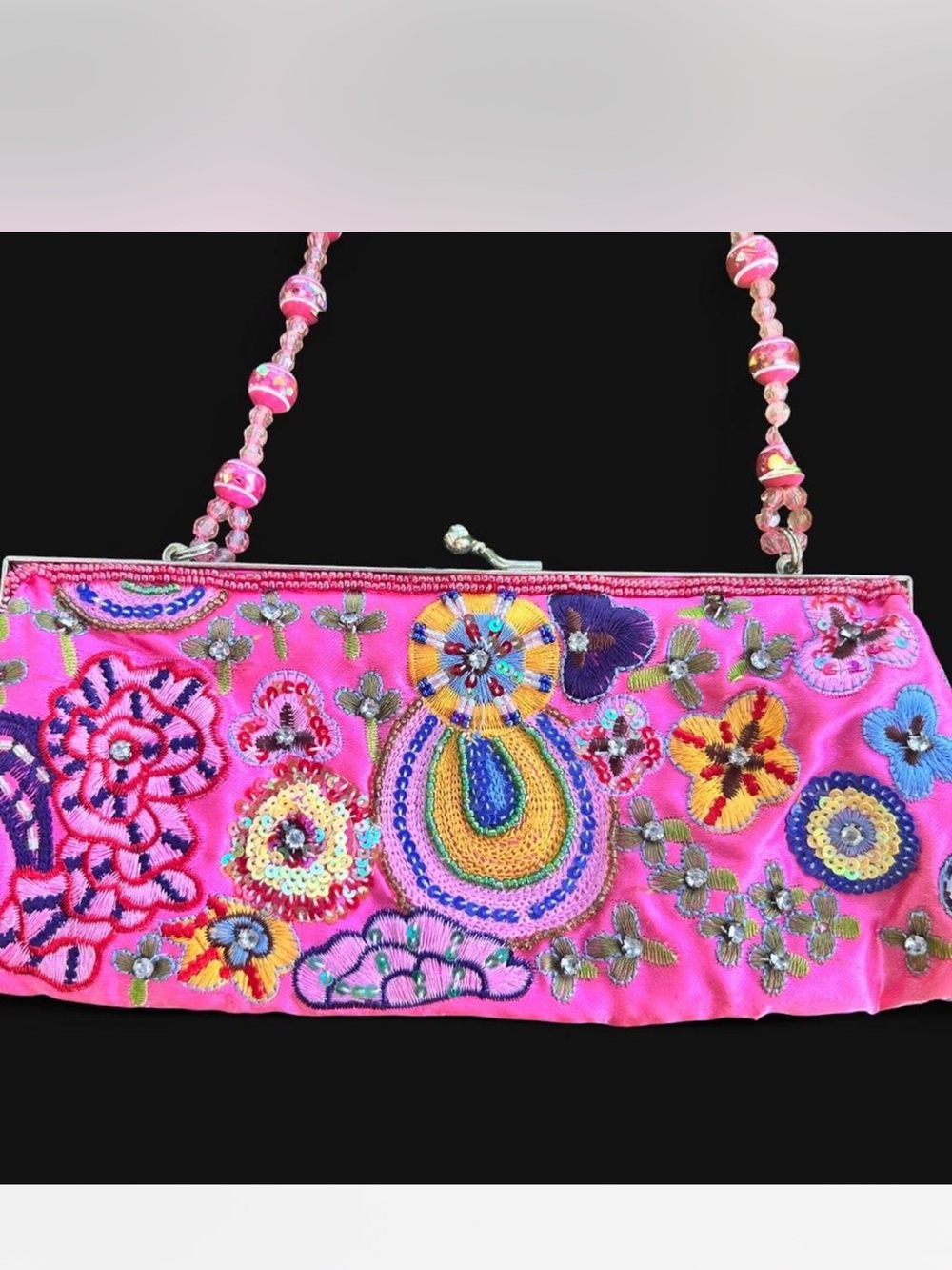 Fine Nine Hand-Embroidered Pink Mini Shoulder Bag with Beaded Strap